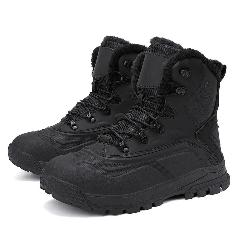 Men's black high-top lace-up boots with fleece lining and flat heel on ribbed sole