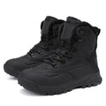 Men's black high-top lace-up boots with fleece lining and flat heel on ribbed sole