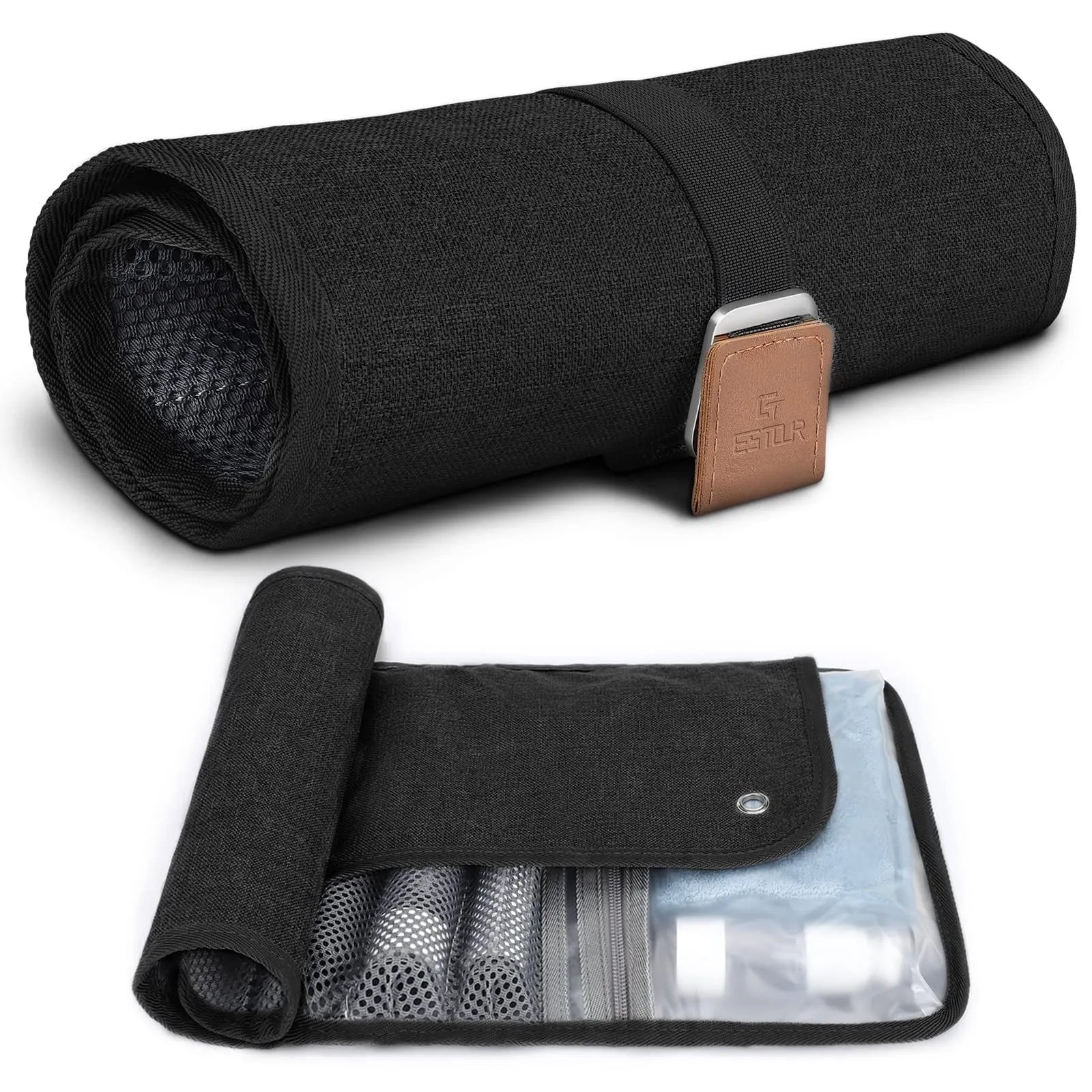 Men's black PU travel wash bag with portable reel design for toiletry organisation