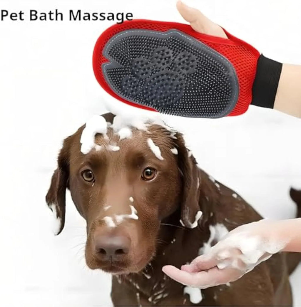 Red pet bathing glove with integrated brush surface for hair removal during dog and cat grooming