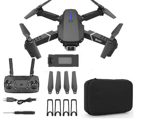 Grey foldable 4K drone with dual camera system and remote control