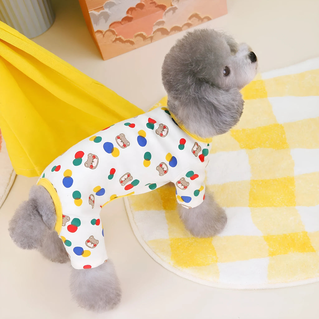 Beige dog jumper with colourful ball bear print, made from cotton and spandex.