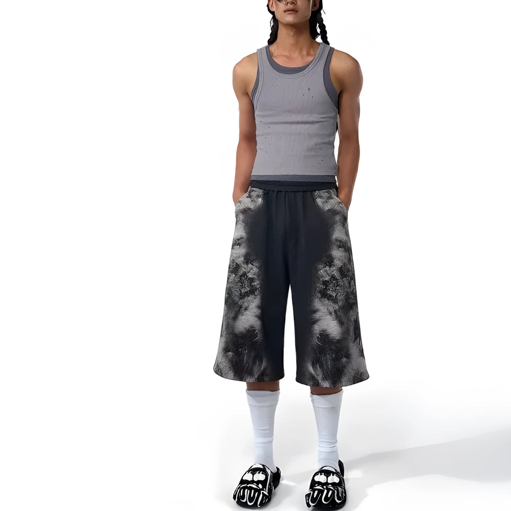 Street trendy printed trousers set with hoodie and seven-inch pants in loose fit design