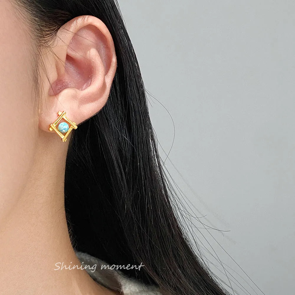 Women's geometric cross quadrangle stud earrings in S925 silver available in silver and gold tones