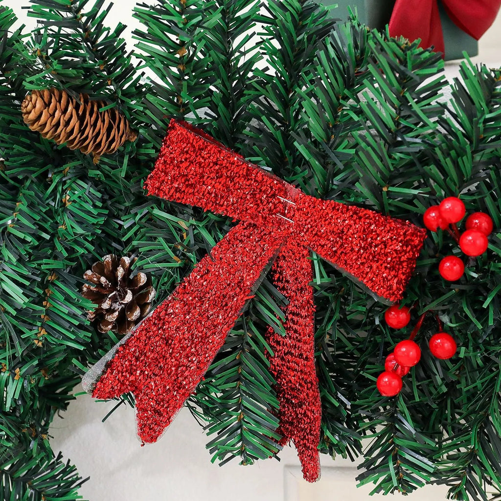 A modern European-style rattan Christmas cane decoration with a pine cone bow, available with different light options.