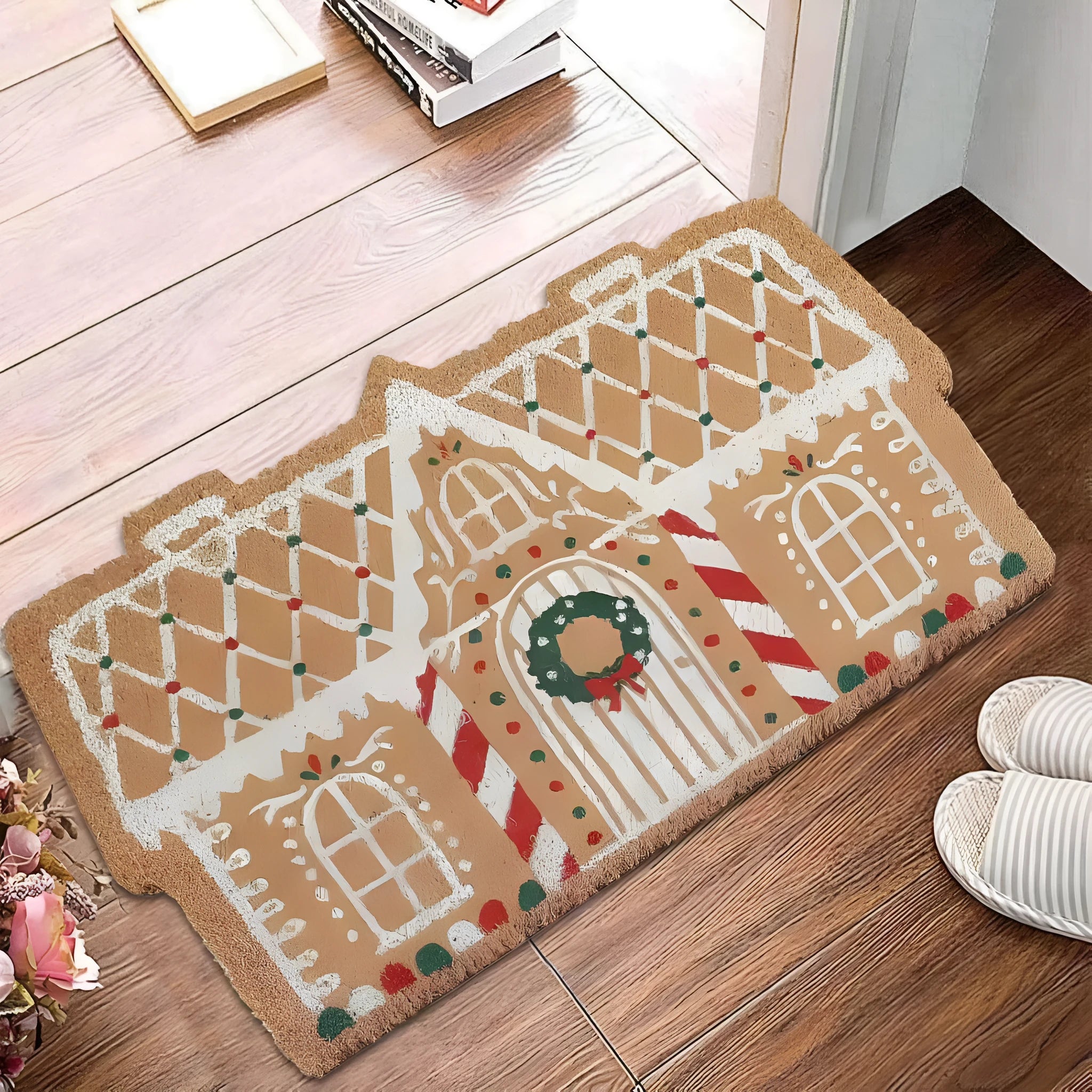 Square Christmas-themed polyester hallway mat with festive print and non-slip backing.