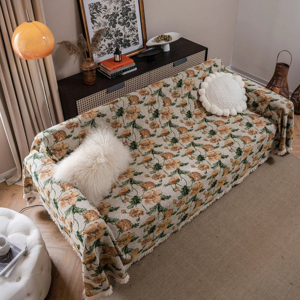 American country style jacquard patterned sofa cover in polyester cotton fabric on a sofa.