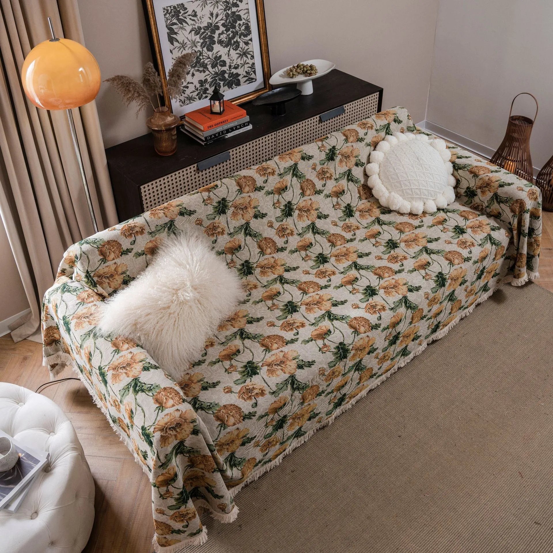 American country style jacquard patterned sofa cover in polyester cotton fabric on a sofa.