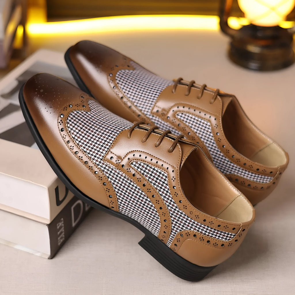 Men's black houndstooth plaid canvas casual shoes with square toe and lace-up front.