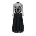 Women's black beaded long sleeve polyester dress with three-dimensional decoration