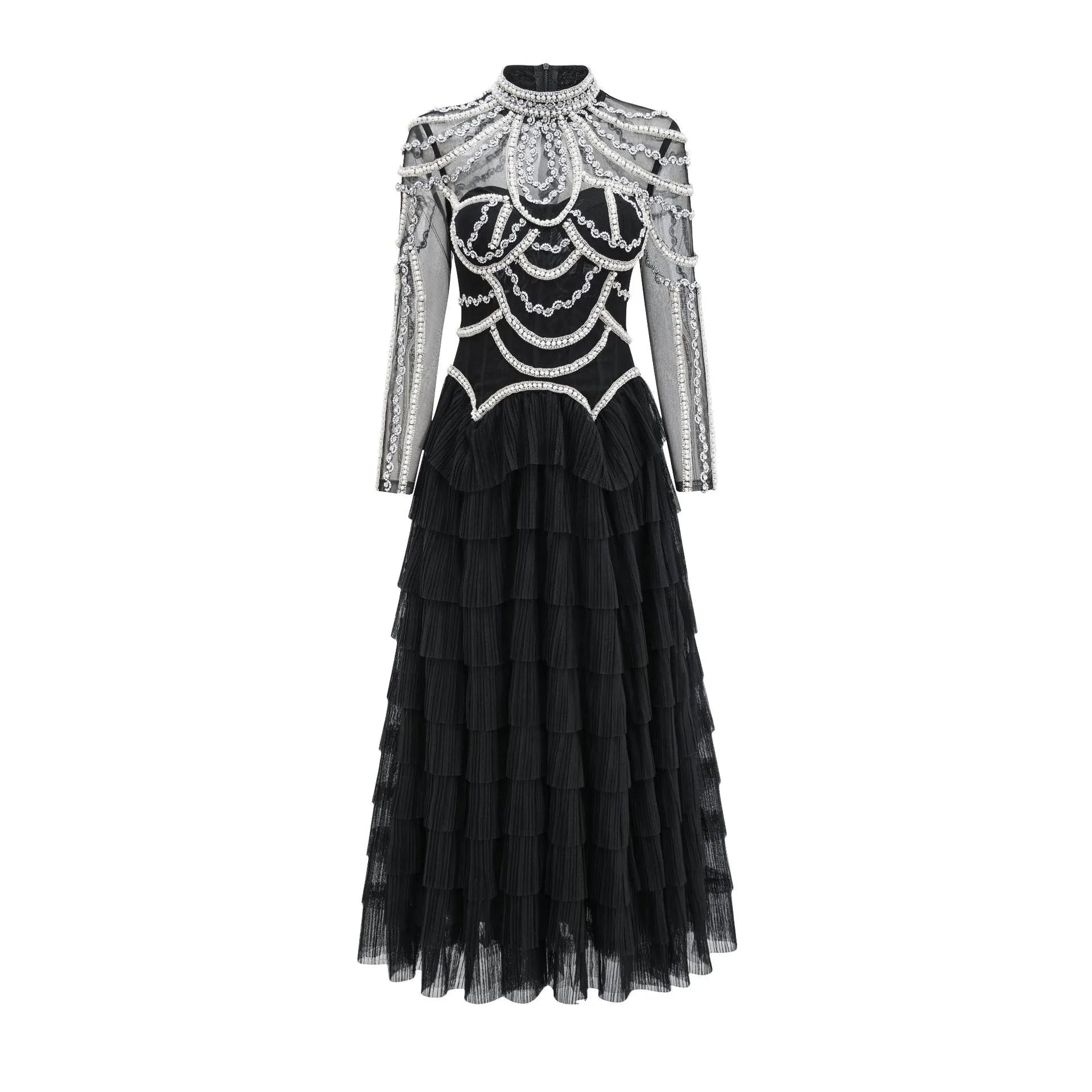 Women's black beaded long sleeve polyester dress with three-dimensional decoration