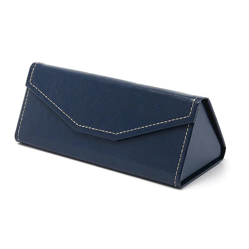 Handmade triangular folding glasses case in PU cowhide, shown in black colour, sized 160mm by 66mm.
