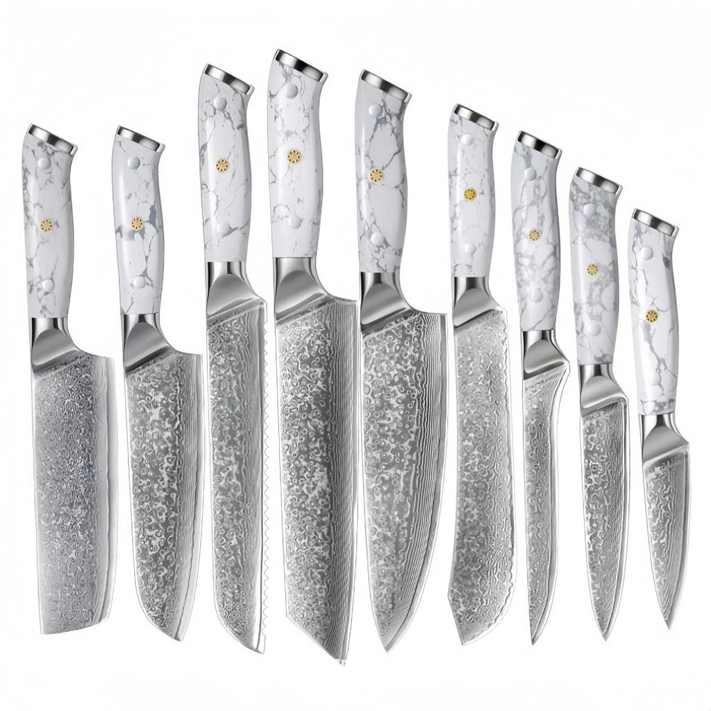 Damascus pattern VG10 steel chef knife with 21cm blade on cutting board