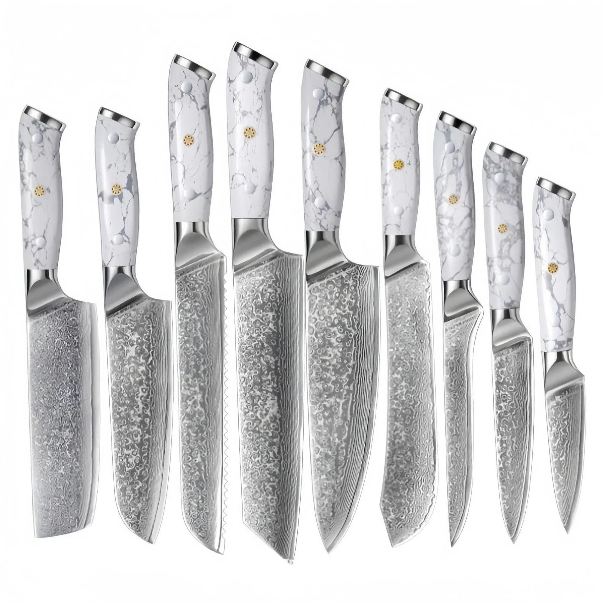 Damascus pattern VG10 steel chef knife with 21cm blade on cutting board