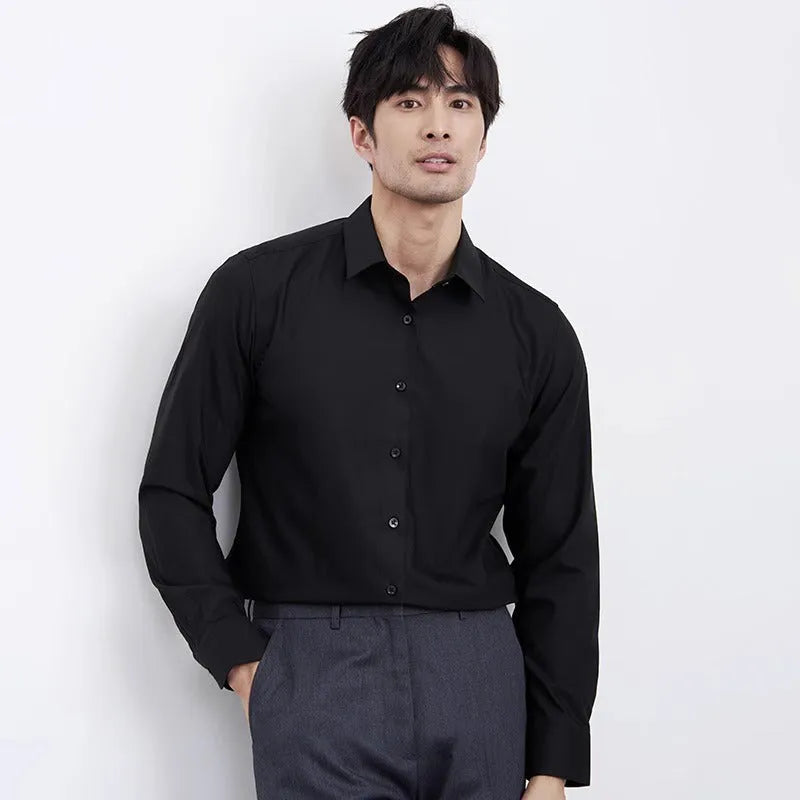 Wine red slim fit men's long sleeve shirt with non-iron polyester blend fabric
