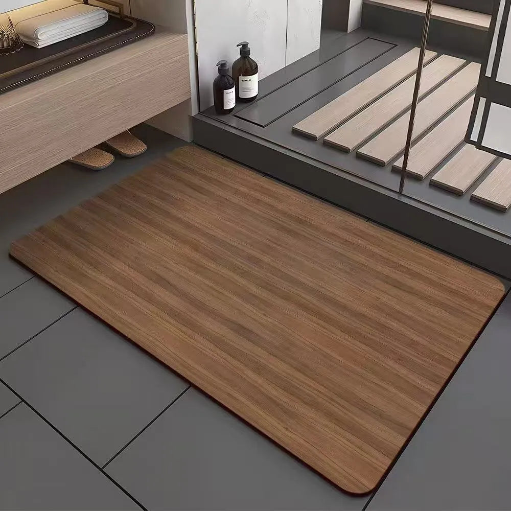 Square American-style wood grain geometric pattern floor mat for bathroom entrance.