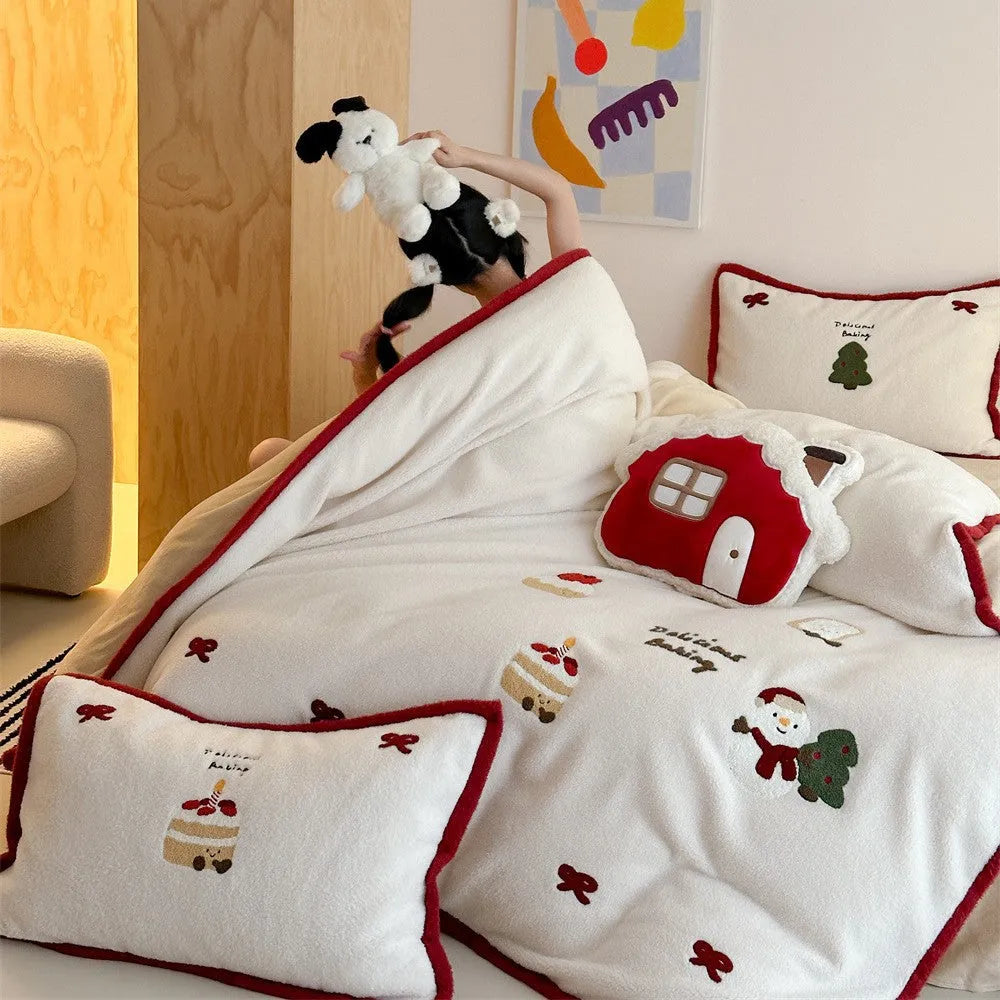 Winter Christmas cartoon polyester bedding four-piece set with Xuefu Milk Pastry pattern showing bed sheet, duvet cover, and pillowcases