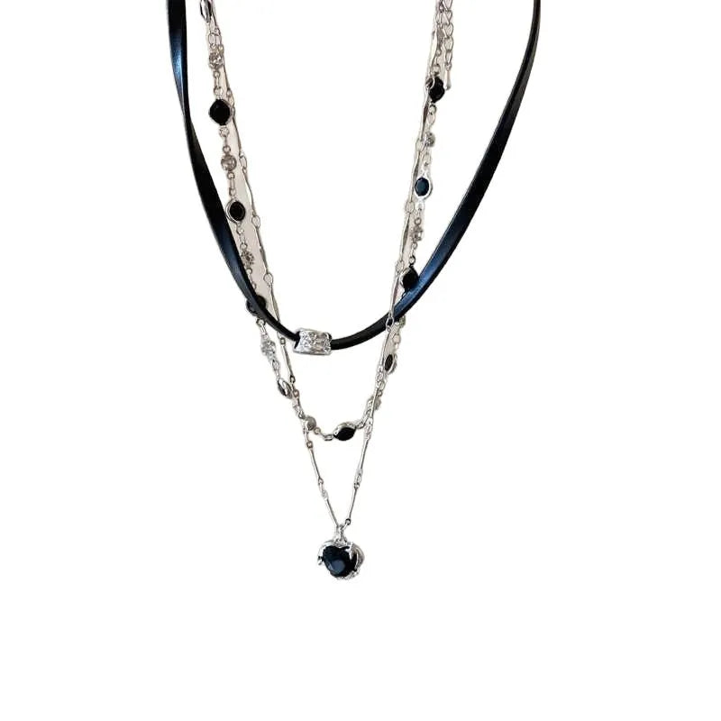 Women's multi-layer twin necklace with leather heart pendant on adjustable clavicle chain