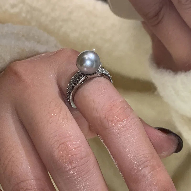 Geometric black pearl open ring with adjustable copper band for women's index finger