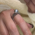 Geometric black pearl open ring with adjustable copper band for women's index finger