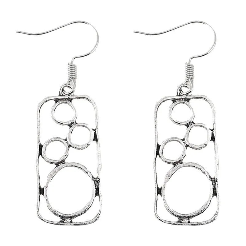 Round ring earrings with geometric irregular square design in antique silver finish