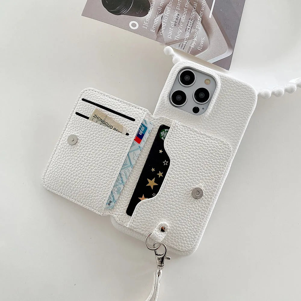 PU leather card holder phone case with lanyard and stand for iPhone 14, 15 and 16 in black, grey, brown, pink, purple, green or white