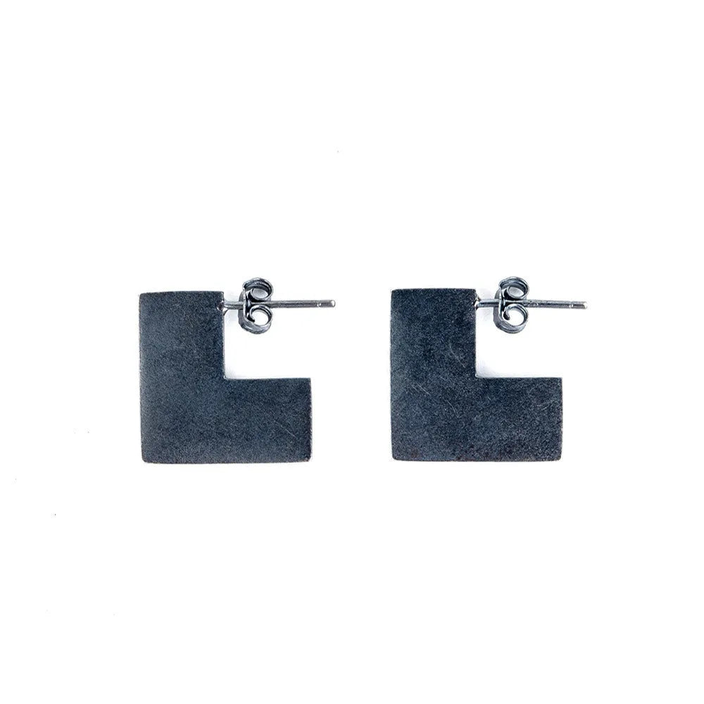 Square oxidised black sterling silver earrings with geometric minimalist design