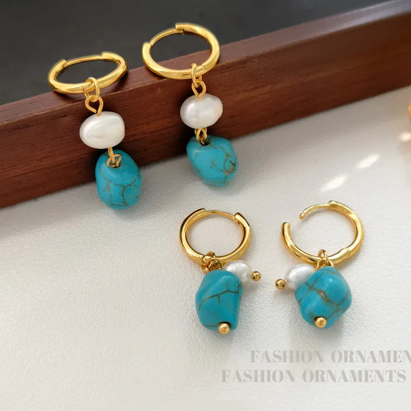 Copper geometric earrings with turquoise stones and cultured pearls in short and long drop styles