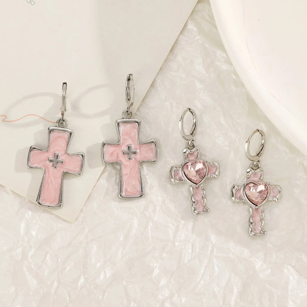 Women's alloy cross crystal earrings in five colour options including white cross and bright black cat designs