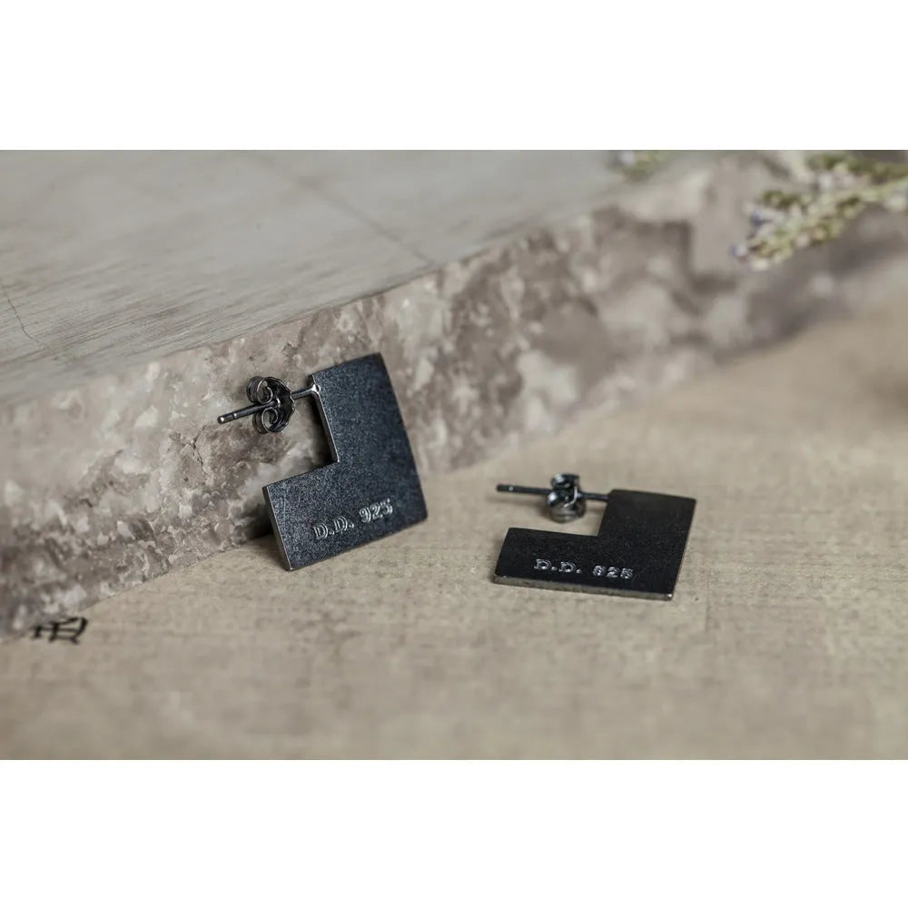 Square oxidised black sterling silver earrings with geometric minimalist design