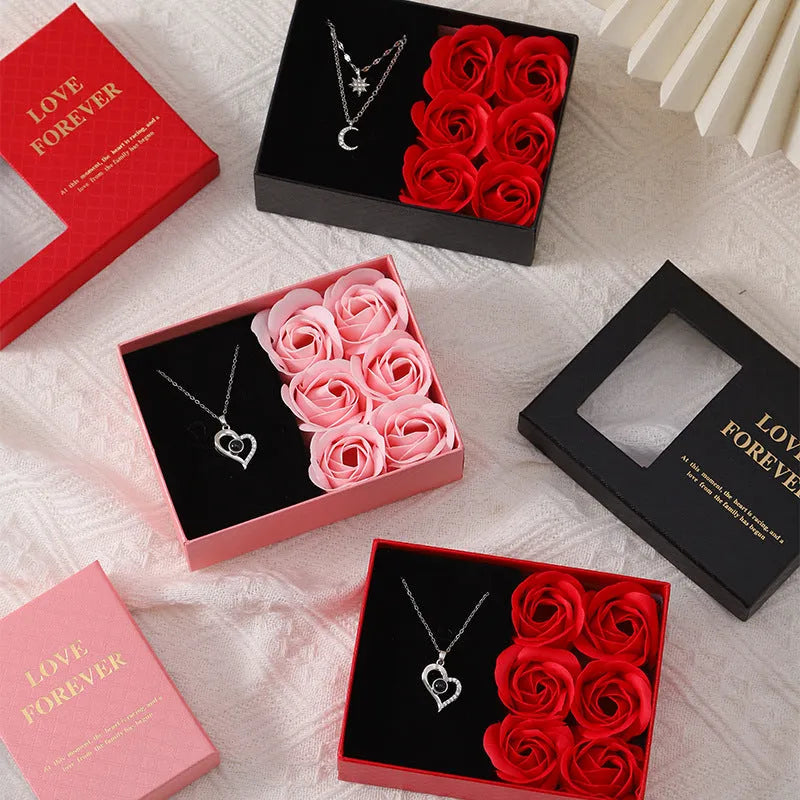 Korean style soap flower gift box set with six flowers in gift box and handbag