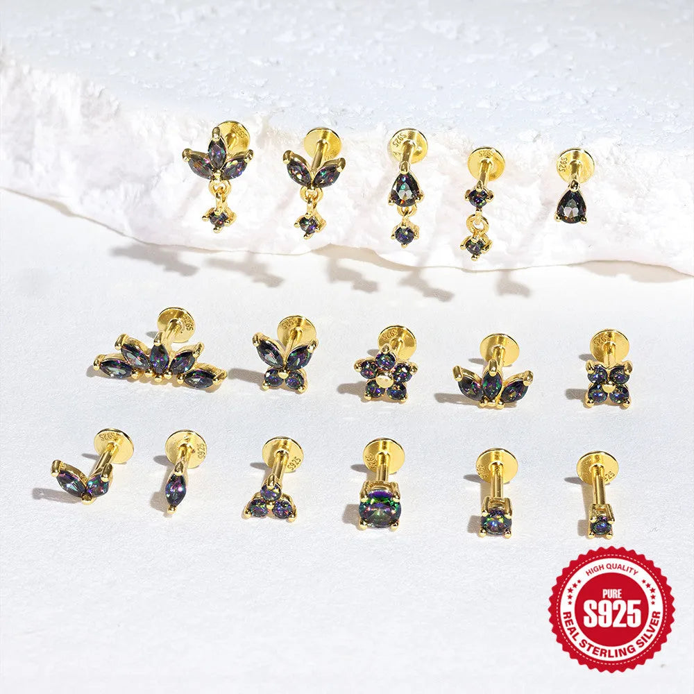 S925 sterling silver flat head labret stud with shiny rainbow stone and internal thread post.