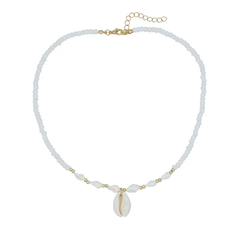 White conch shell bead necklace with mother pearl pendant on regular chain, electroplated finish