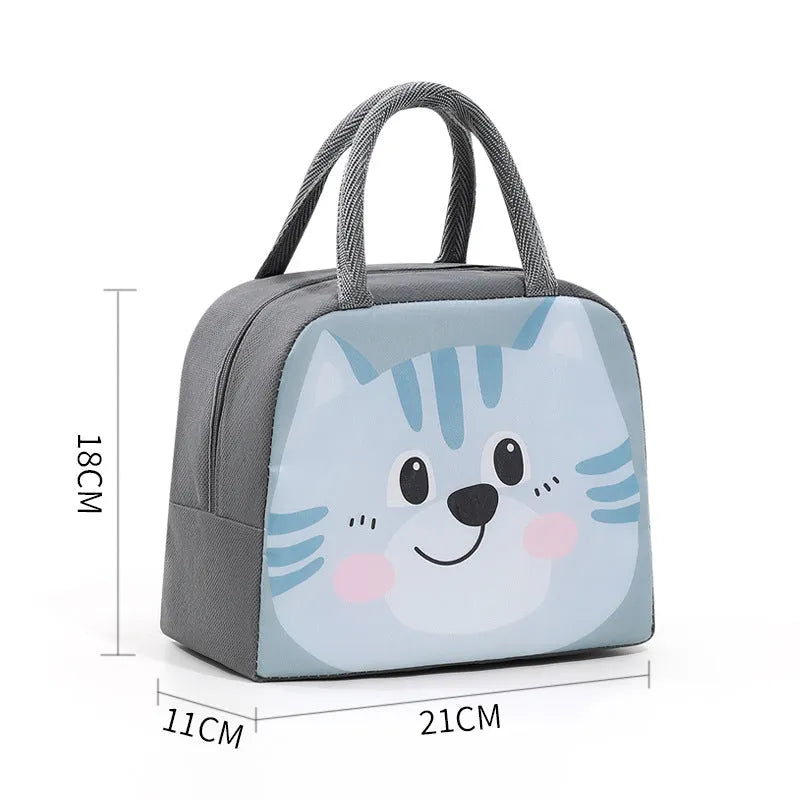 Cartoon children's insulated lunch box bag in choice of seven animal designs like orange bear and green dinosaur.