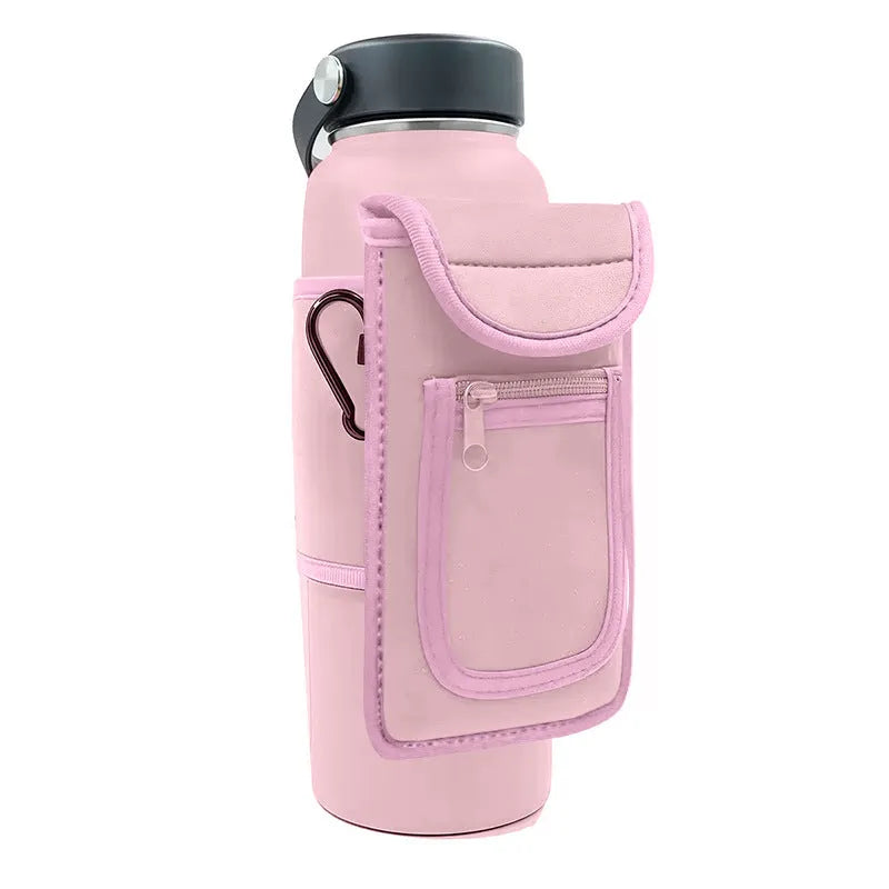 Cloth cup sleeve for sports bottle with magnetic and carabiner clip closure options in various colours.