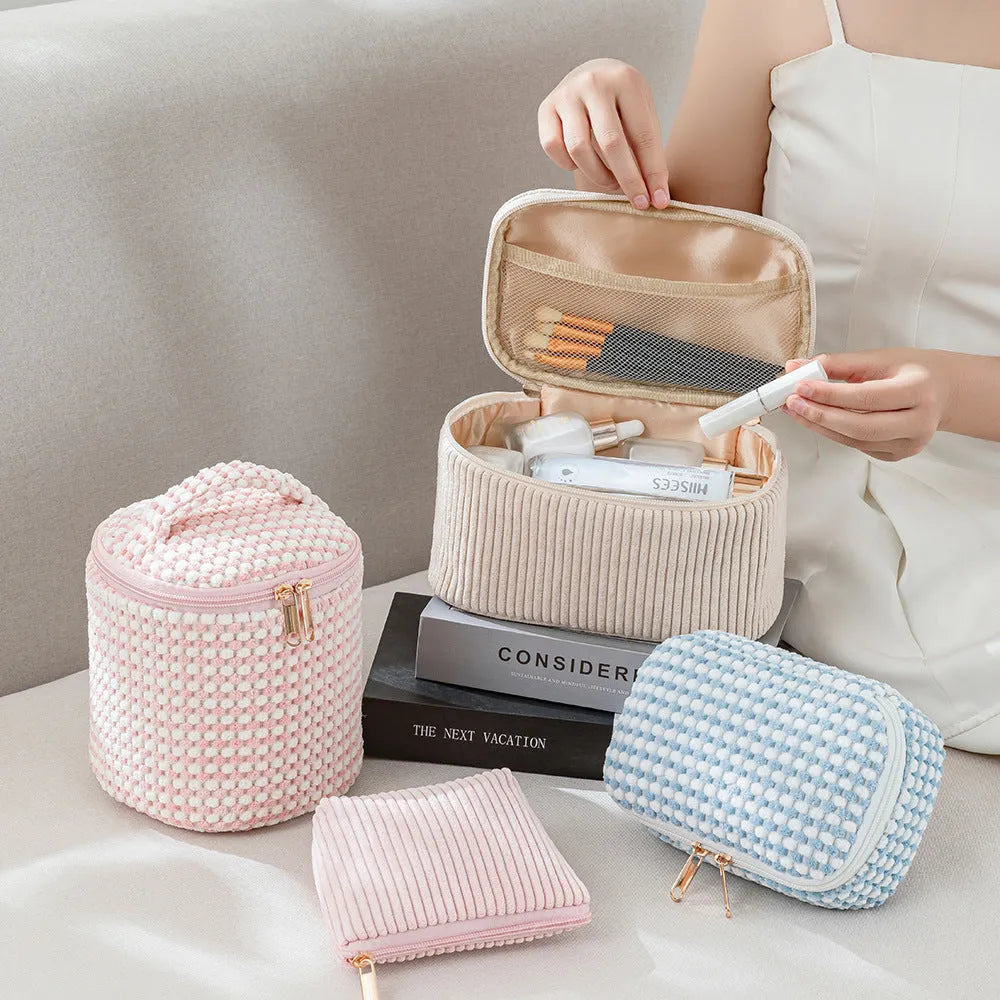 Flannelette makeup bag four-piece set in cube style, shown in pink, khaki, pink dots, and blue with dots colour options