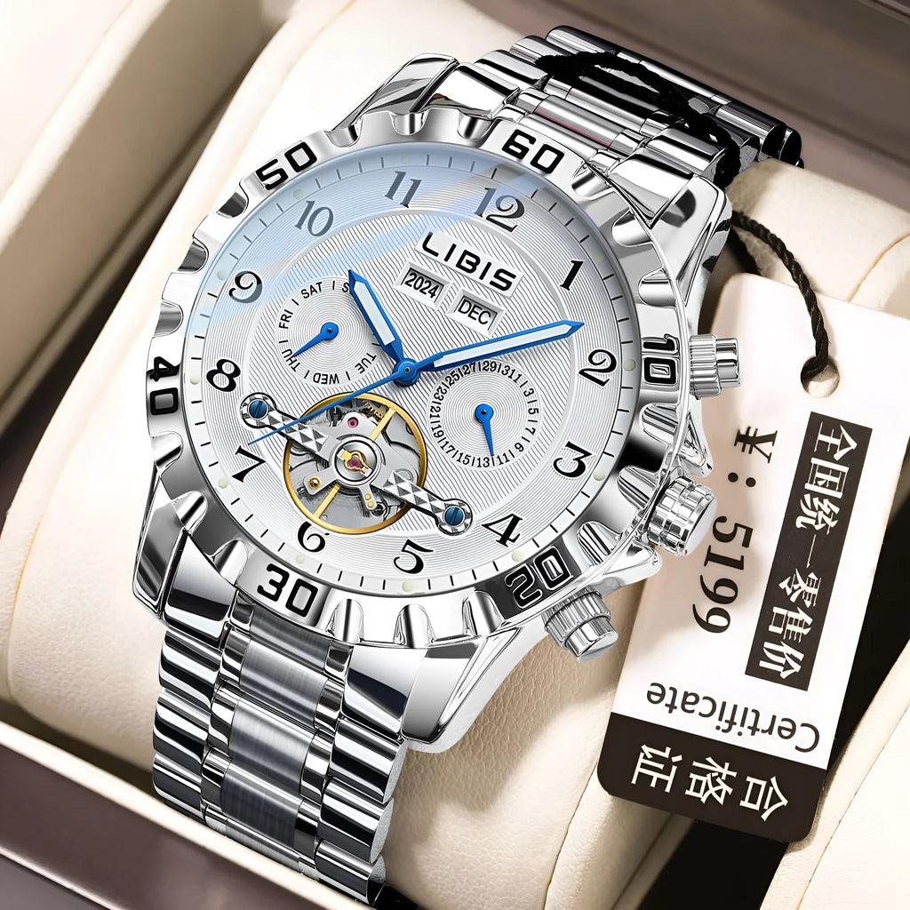 Men's silver steel automatic perpetual calendar watch with stainless steel strap and sapphire crystal