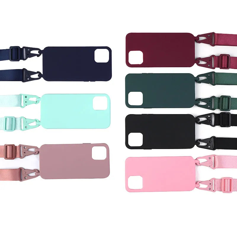 TPU lanyard phone case with dark red ribbon for iPhone 15 showing drop protection fit