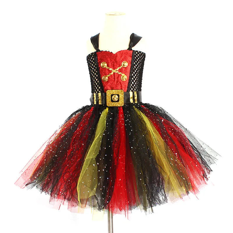 Girls pirate costume Halloween dress with sequins and mesh detailing in pirate skirt design