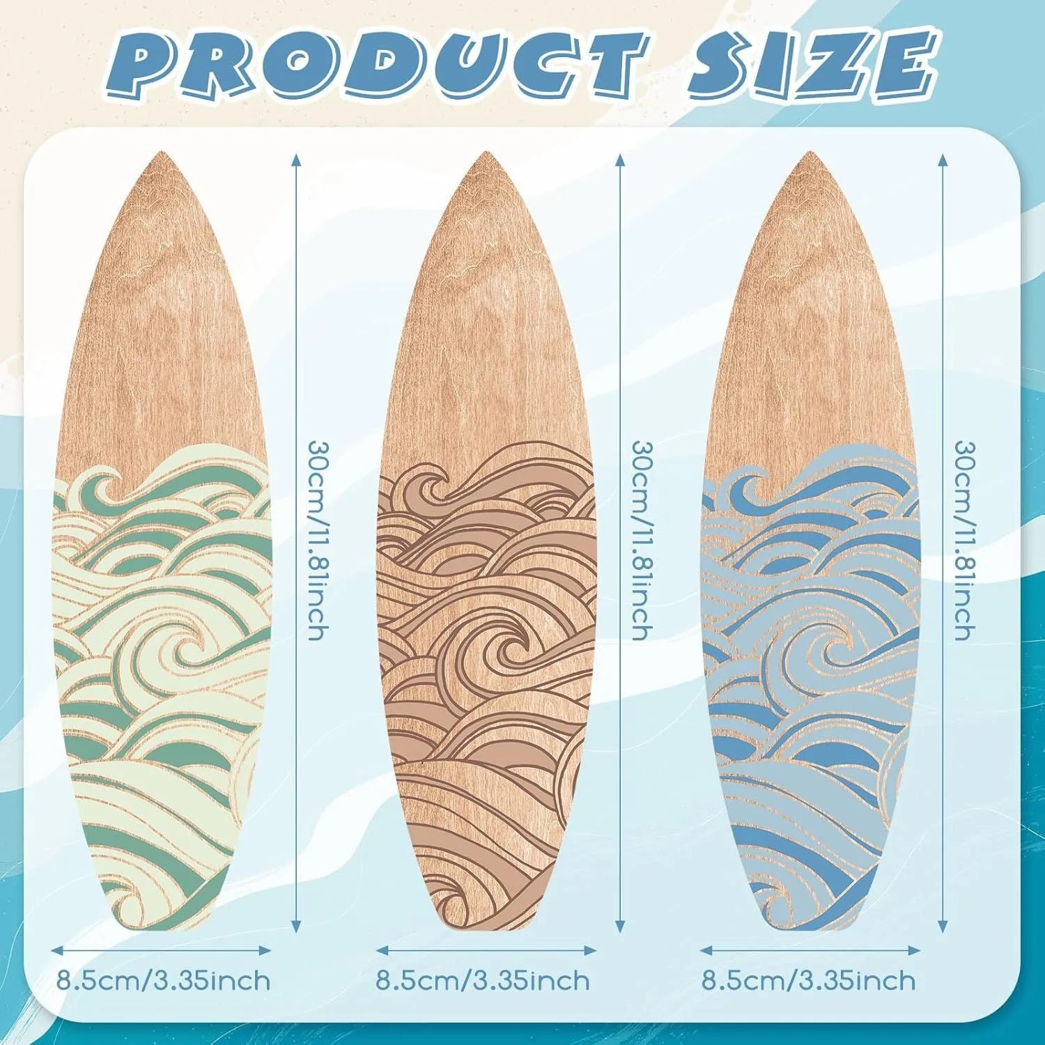 Three wooden surfboard wall decorations with European styling on a white background