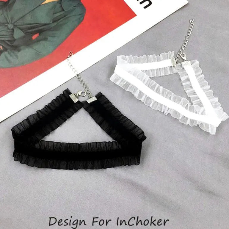 Velvet ruffled floral clavicle necklace with snake bones chain in alloy, available in black, light coffee, or white.