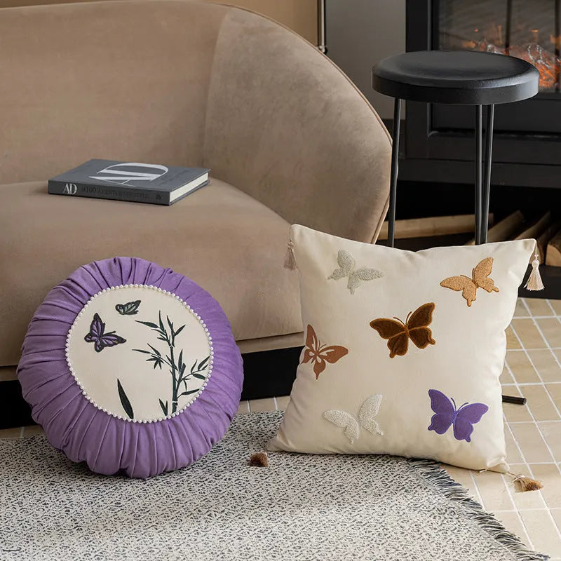 Square beige, black, and purple cushion with Chinese-style butterfly embroidery