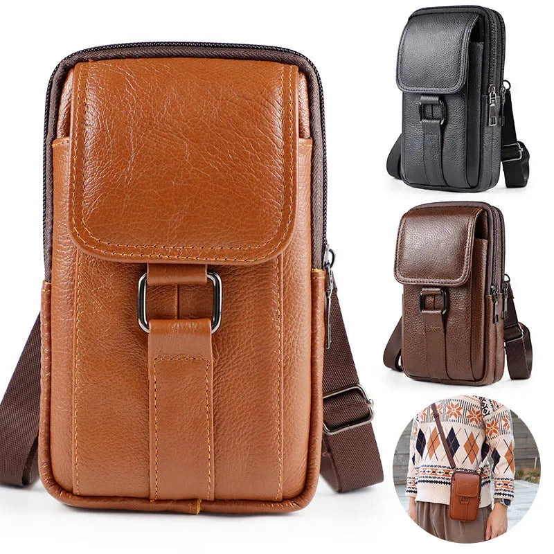 Men's black genuine leather crossbody waist bag with metal lock and coin pocket