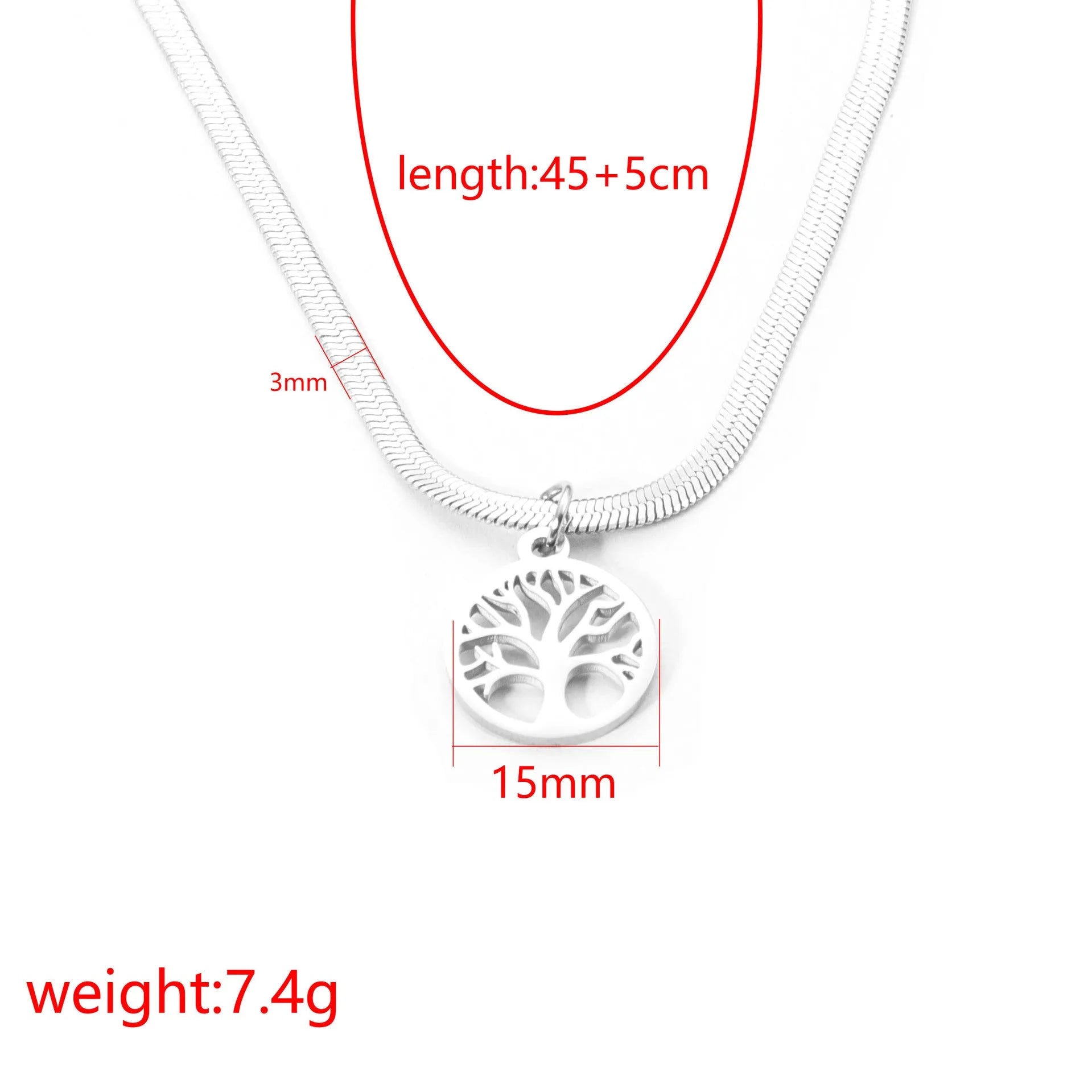 Stainless steel chain necklace with U-shaped lucky tree pendant in gold or steel colour options
