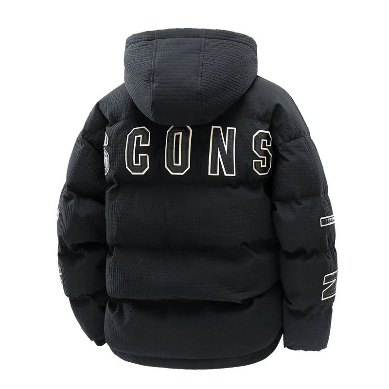 Men's black hooded winter coat with letter-print design and side pockets in Korean style