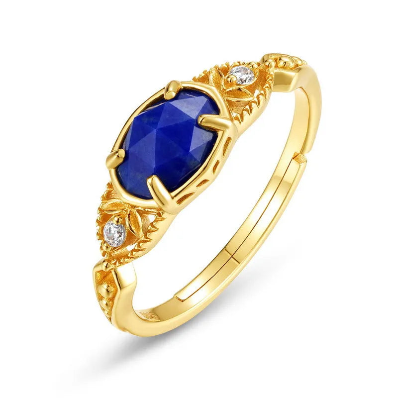 Geometric ellipse silver alloy ring with a round blue lapis lazuli stone, Japanese style design.