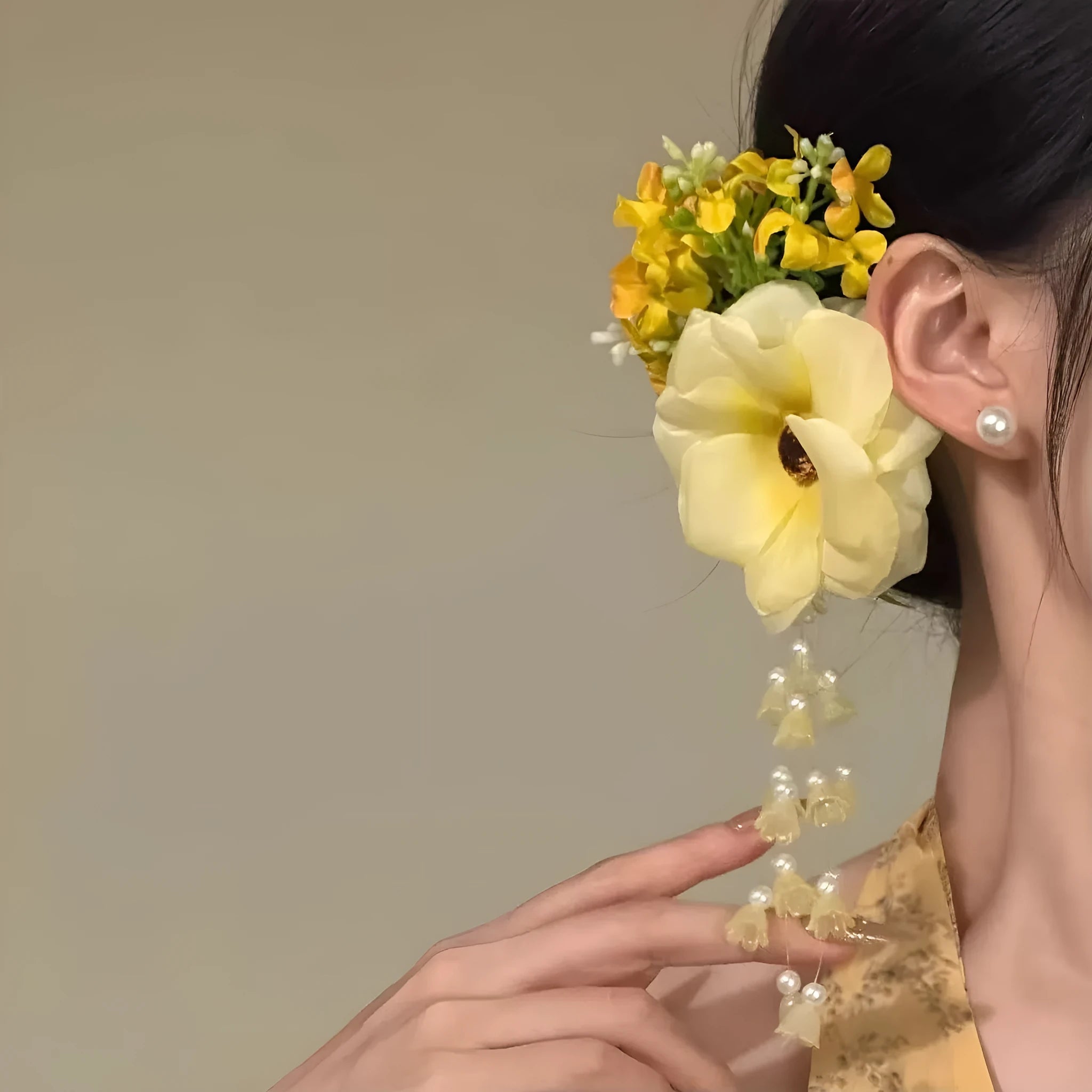 Yellow and purple floral tassel hair clip accessory with side attachment