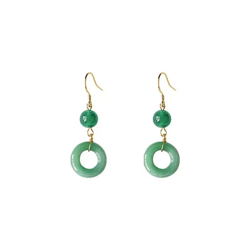 Green Chinese style peace buckle motif earrings with geometry shape and ring design elements