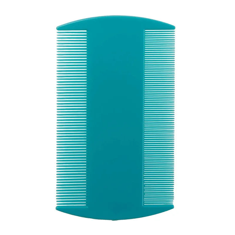 A plastic double-edged fine-toothed flea comb for pets and lice removal, shown in various colours.