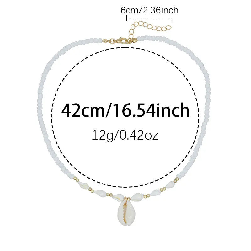 White conch shell bead necklace with mother pearl pendant on regular chain, electroplated finish